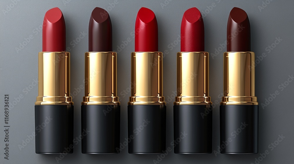 Fototapeta premium Five lipsticks in red and maroon shades arranged in a row against a grey background.