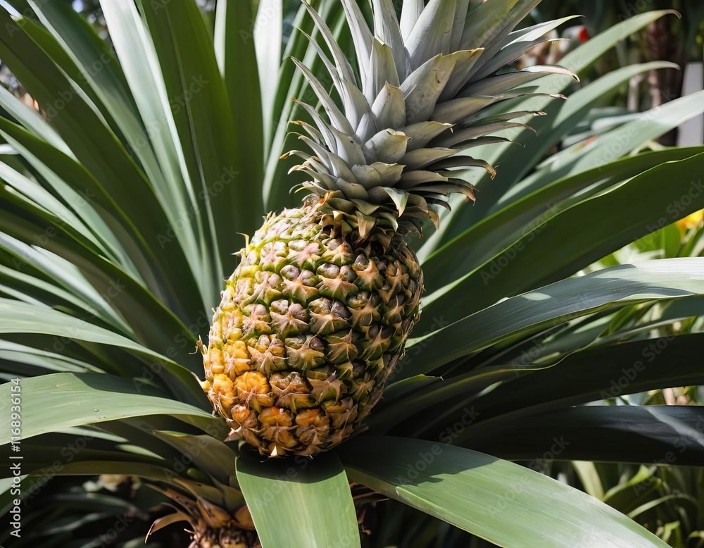 A pineapple growing in a garden with other tropical plants in the background A pineapple growing in a garden with other tropical plants in the background