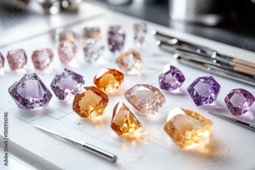 A jeweller workspace with tools, raw gemstones, and sketches of custom jewellery designs spread out
