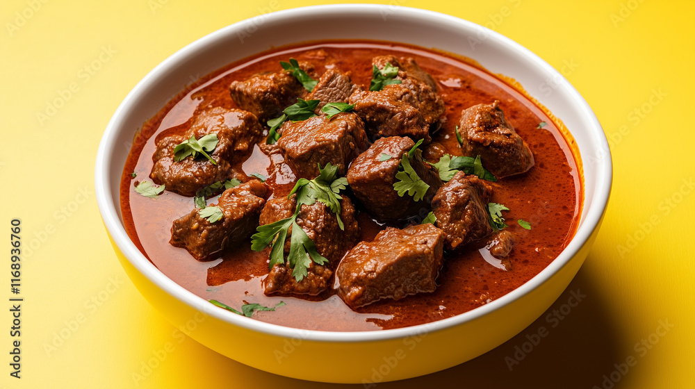 Beef Vindaloo Curry with Spices in White Bowl on Yellow Background Beef Vindaloo Curry with Spices in White Bowl on Yellow Background