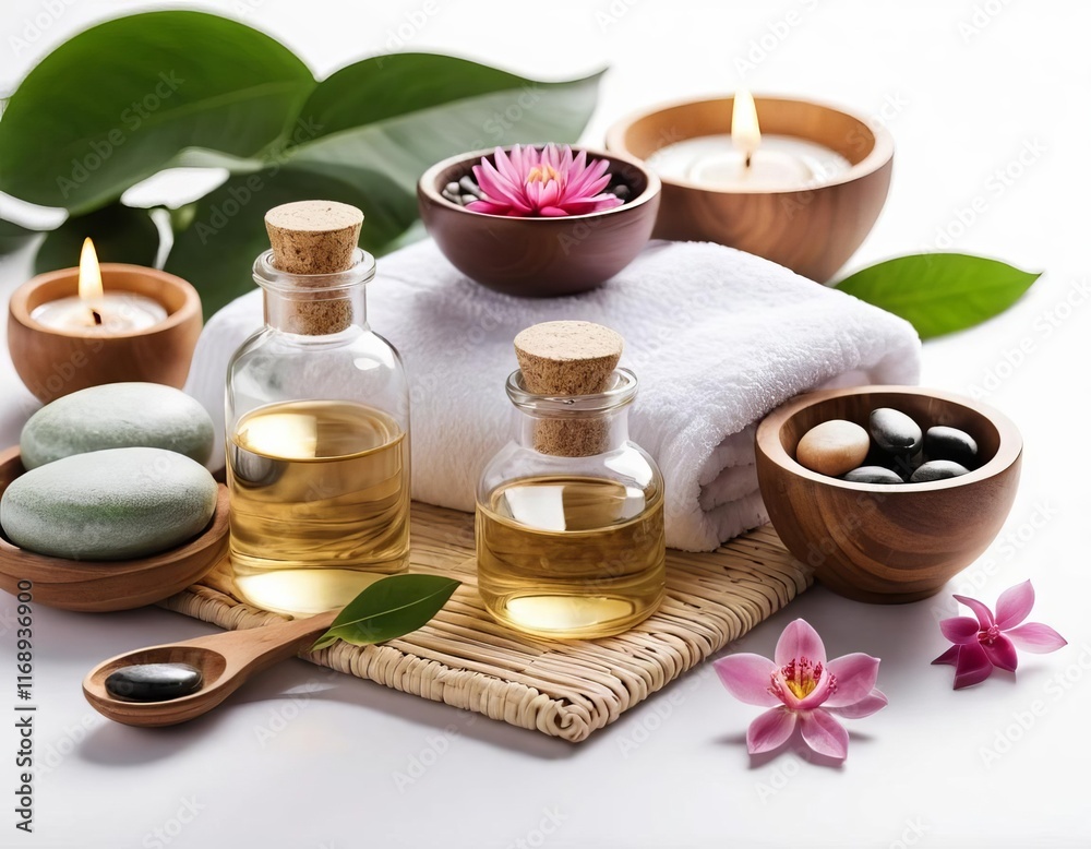 A white background with a spa massage setting, including candles, a towel, and a flower arrangement A white background with a spa massage setting, including candles, a towel, and a flower arrangement