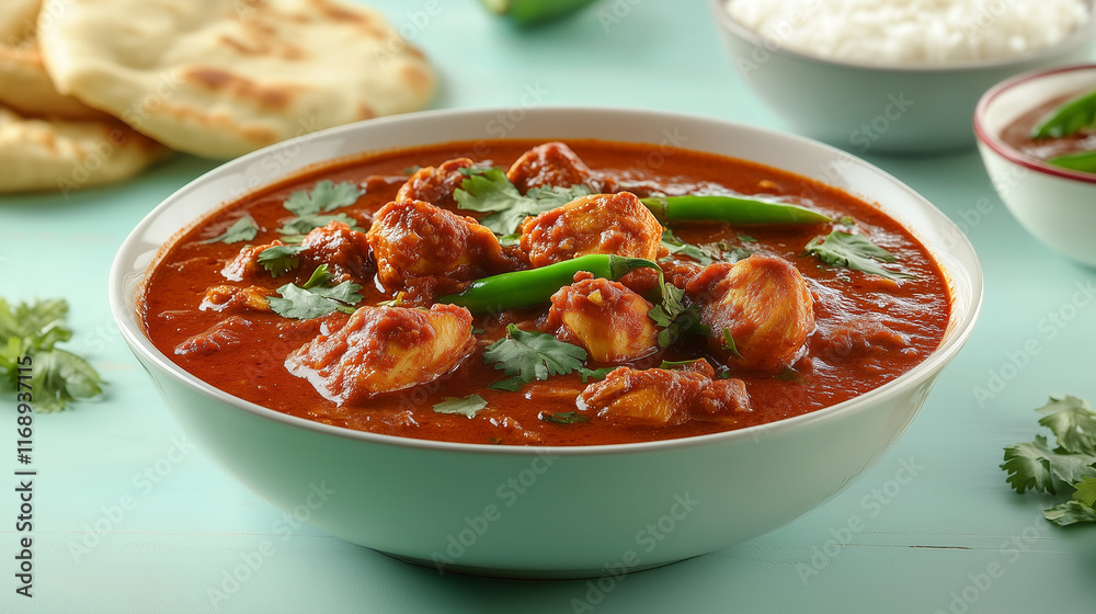 Chicken Vindaloo Curry with Green Chili and Naan on Mint Background Chicken Vindaloo Curry with Green Chili and Naan on Mint Background