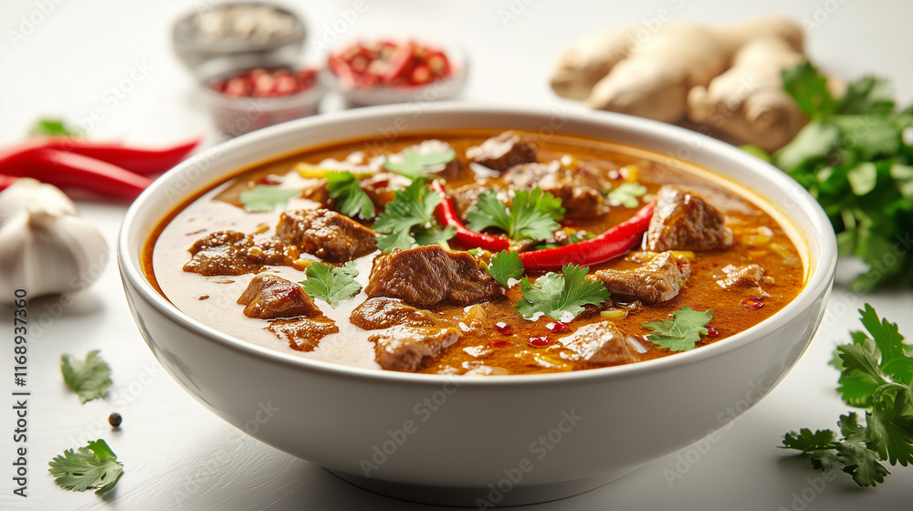 Lamb Vindaloo Curry with Red Chili and Cilantro on White Background Lamb Vindaloo Curry with Red Chili and Cilantro on White Background