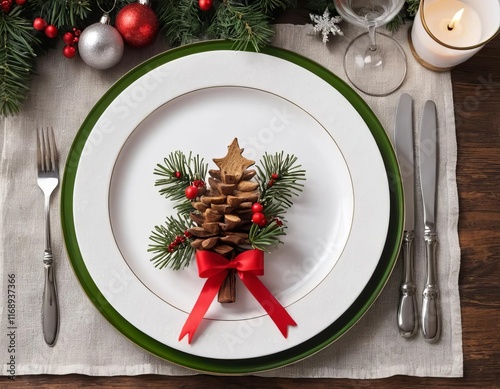 A beautifully decorated Christmas dinner plate with festive decorations and cutlery photo