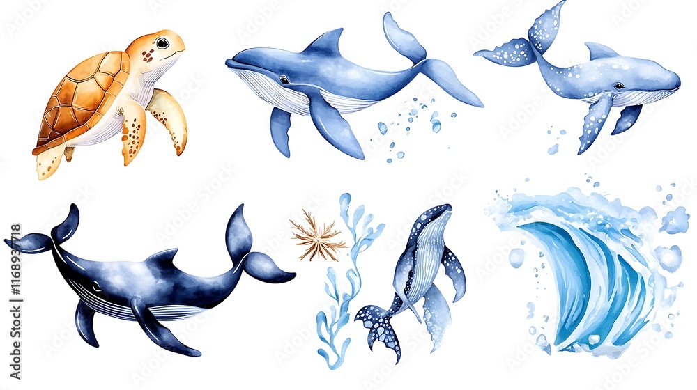 Fototapeta premium Watercolor Ocean Animals Whales Turtle Sea Wave Underwater