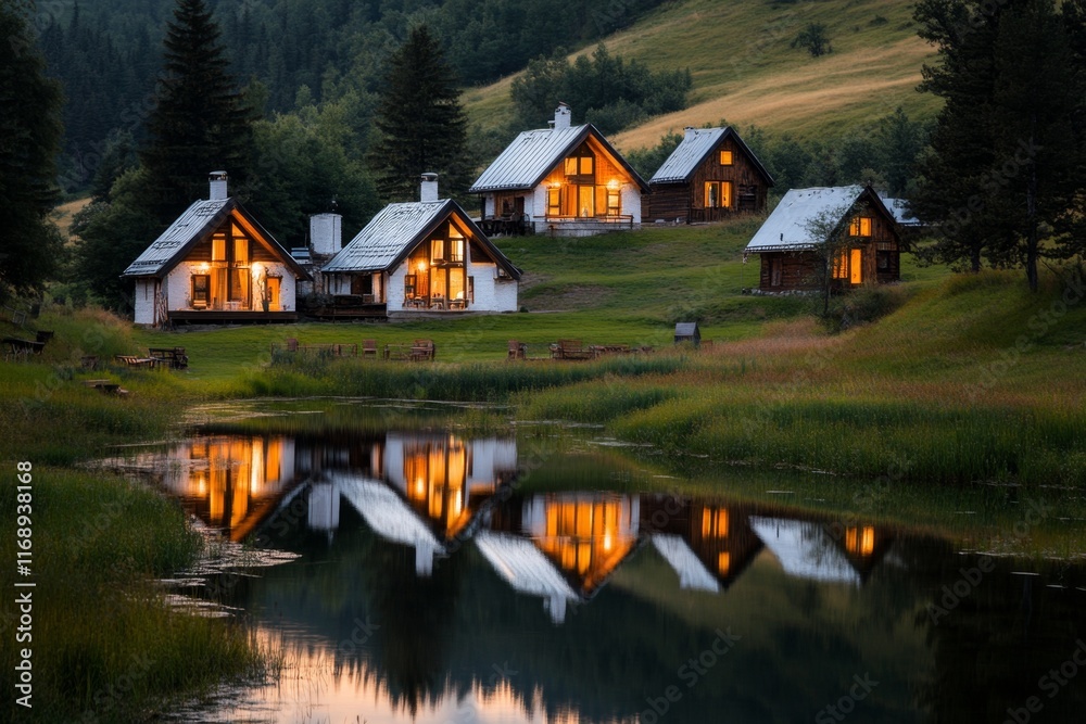 Obraz premium A picturesque izba on the banks of a tranquil lake, its reflection shimmering in the water