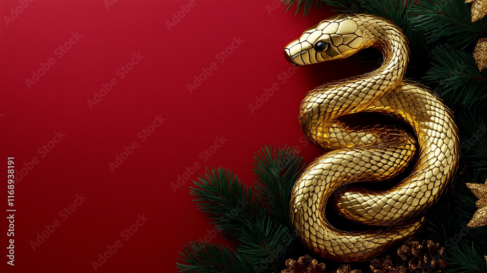 Obraz premium Golden snake with pine branches and red background symbolizing prosperity, strength, and festive Chinese New Year themes for elegant and auspicious design purposes.