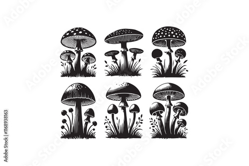 six Mushroom silhouette vector illustration with a white background