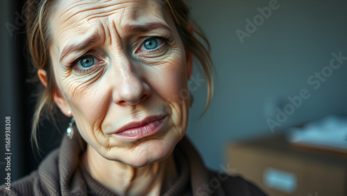 pretty middle age woman feeling sad and whiney with an unhappy look and crying recycling cardboard concept photo