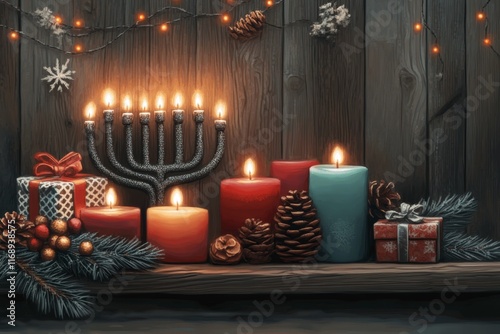 A pixel art menorah with flickering animated candles, set on a table with festive decorations in a retro style photo