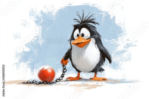 A playful 2D illustration of a jailbird cartoon character holding a ball and chain, drawn with exaggerated features photo