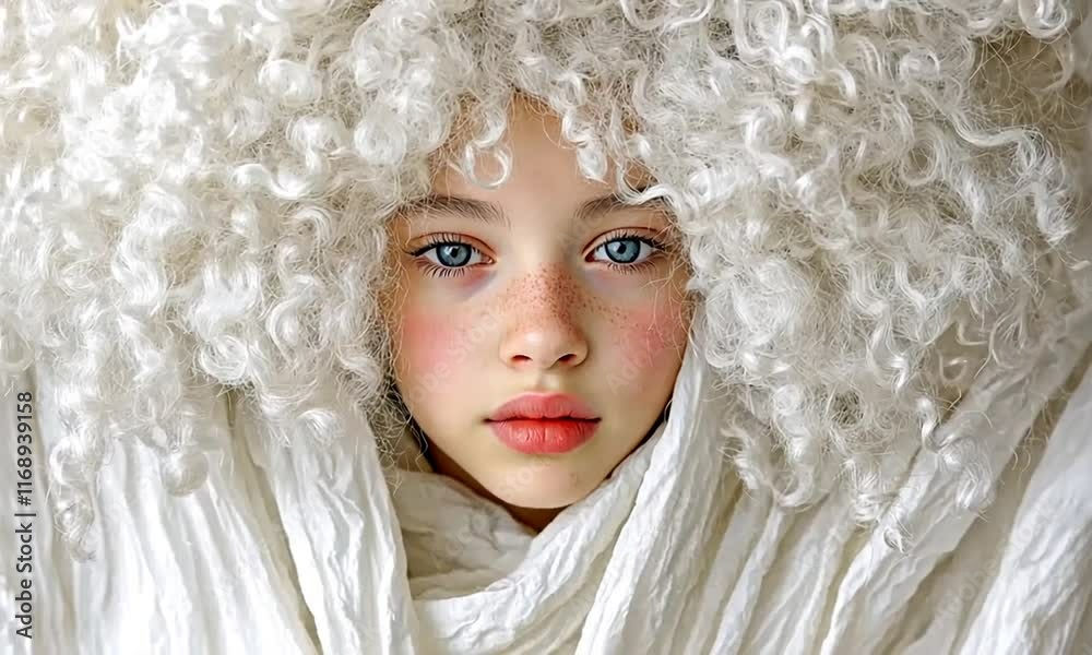 A close-up portrait of a young person with curly white hair. A close-up portrait of a young person with curly white hair.