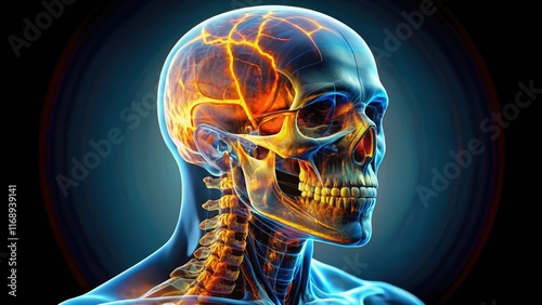 High-resolution X-ray head scan: precise skull, brain, and dental anatomy visualization for advanced medical imaging. photo