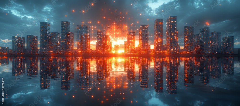 Fototapeta premium Futuristic city skyline reflected in water at sunset with fiery particles.