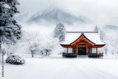 Wallpaper Mural A quiet temple in the snowy mountains, surrounded by evergreen trees and white-covered rooftops Torontodigital.ca