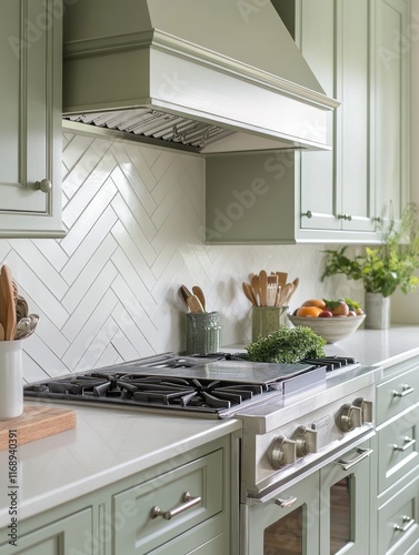 Modern Kitchen Featuring Sage Green Cabinets and Herringbone Tile