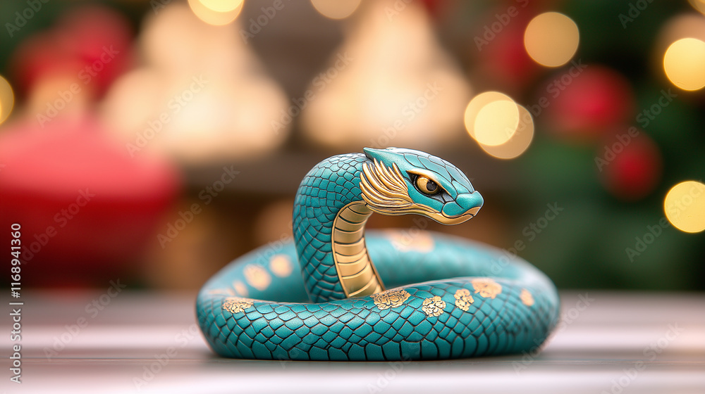 Blue and gold coiled snake with intricate patterns and glowing backdrop, symbolizing prosperity, elegance, and cultural themes for Chinese New Year festive celebrations. Blue and gold coiled snake with intricate patterns and glowing backdrop, symbolizing prosperity, elegance, and cultural themes for Chinese New Year festive celebrations.