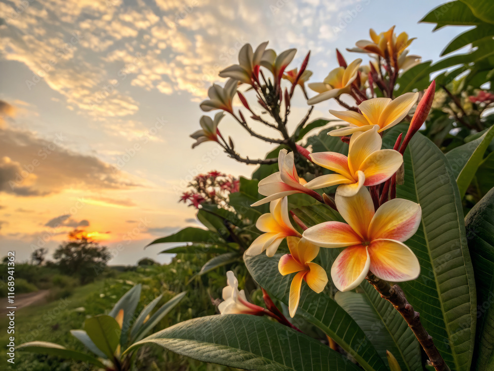Vibrant tropical flowers with delicate yellow petals and bright topaz hues against stunning sunset backdrop create serene and picturesque scene Vibrant tropical flowers with delicate yellow petals and bright topaz hues against stunning sunset backdrop create serene and picturesque scene