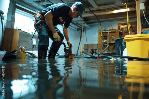 Technician removes water from flooded basement using pump during emergency repair work photo