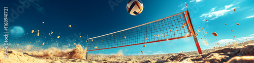 A vibrant image of a volleyball flying over the net on a beach, with sand and net details clearly captured