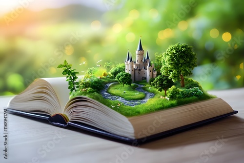 An open book with an illustration of a fantasy world, depicting castles and green landscapes. The background is a blurred landscape of mountains and rivers photo