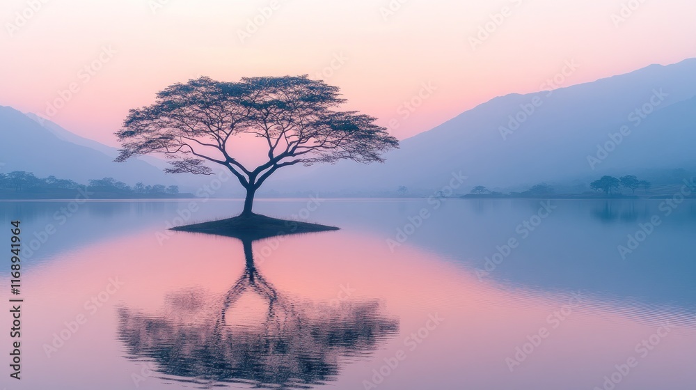 Serene sunrise over calm lake with solitary tree reflecting in still water.