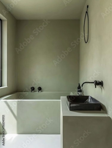 Minimalist sage green bathroom with black fixtures