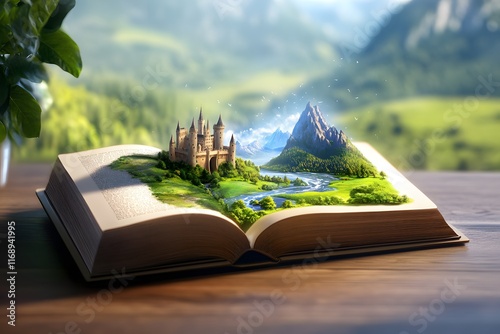 An open book with an illustration of a fantasy world, depicting castles and green landscapes. The background is a blurred landscape of mountains and rivers photo