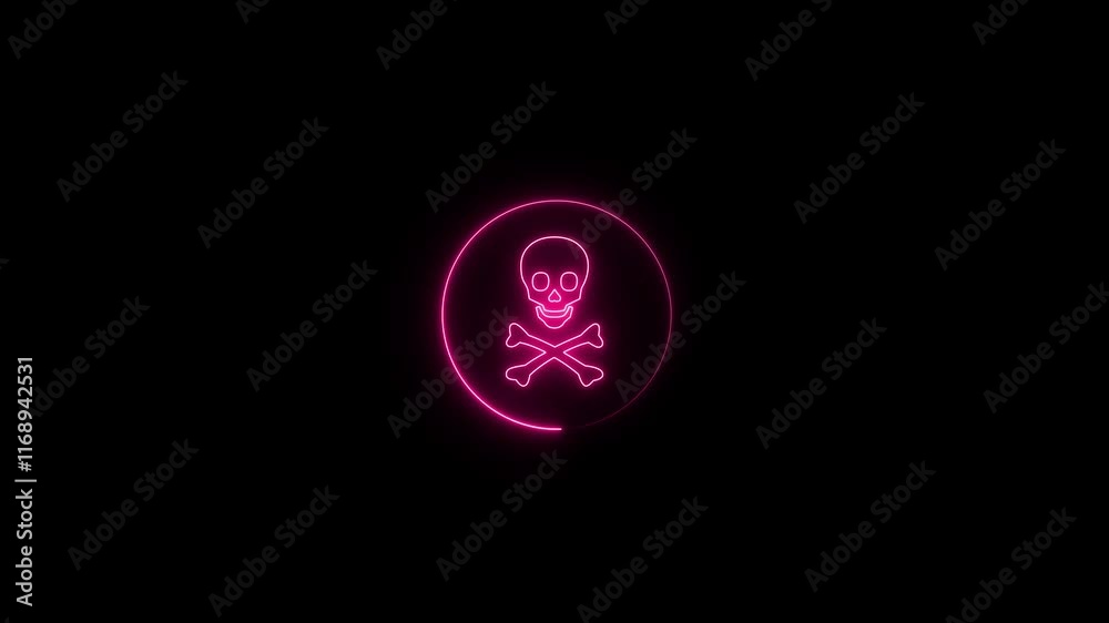 glowing pink color Neon danger icon concept 4k animation. Warning skull symbol. Neon Glowing danger icon animation on black background. glowing pink color Neon danger icon concept 4k animation. Warning skull symbol. Neon Glowing danger icon animation on black background.