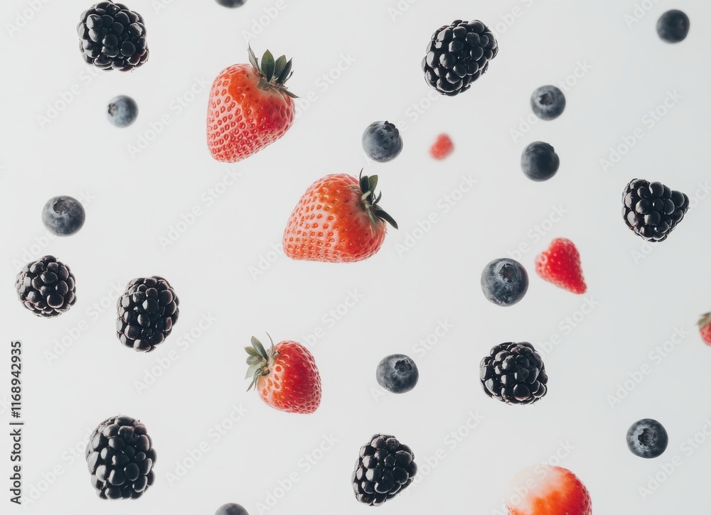 Fresh Berries Floating on White Background, Including Strawberries, Blackberries, and Blueberries, Ideal for Healthy Lifestyle and Culinary Themes Fresh Berries Floating on White Background, Including Strawberries, Blackberries, and Blueberries, Ideal for Healthy Lifestyle and Culinary Themes