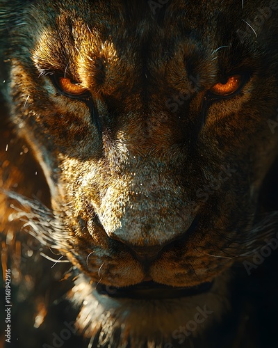 Intense Lion s Face Pierces Through Shadows with Fierce Amber Eyes photo