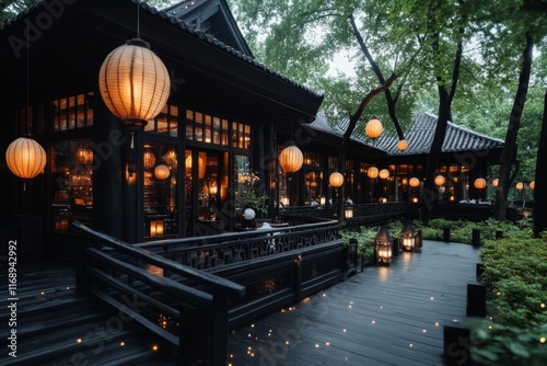 A stunning izba at twilight, with lanterns glowing warmly on its porch and fireflies floating in the air photo