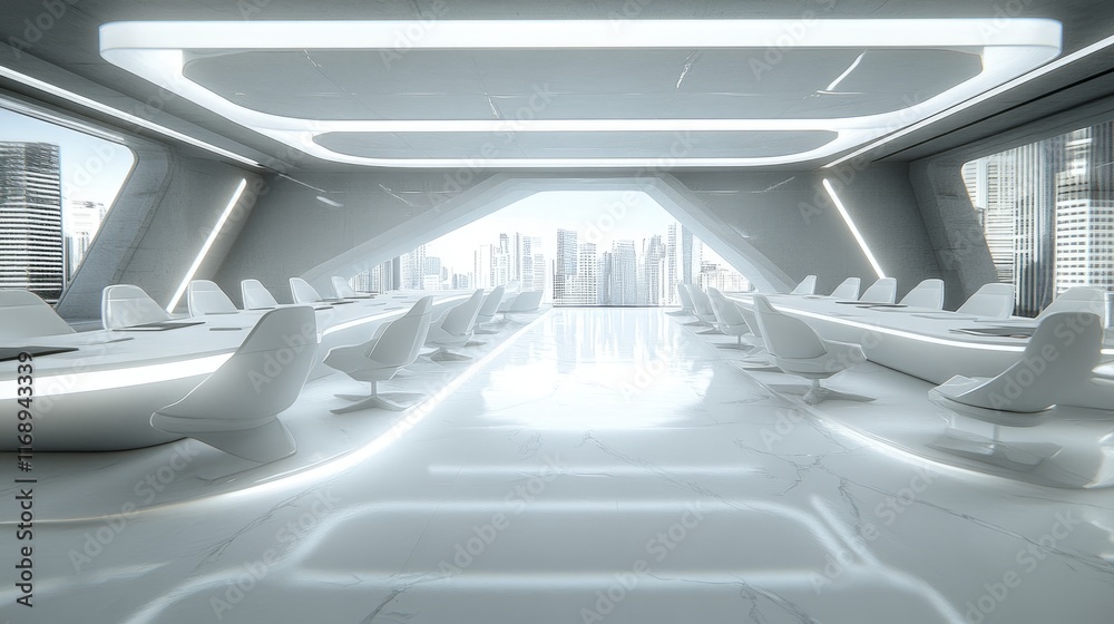 Obraz premium Modern conference room with city skyline view