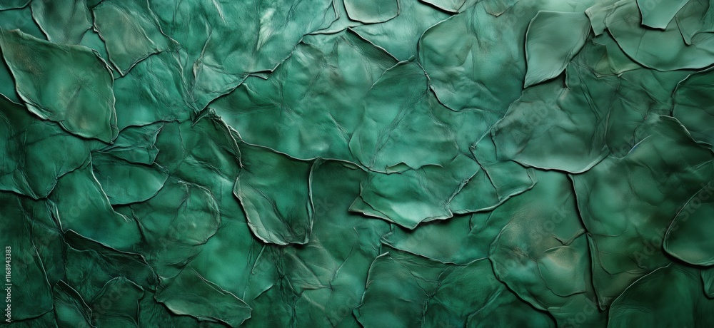 Fototapeta premium Textured green leather surface with intricate patterns and folds, showcasing natural variations and depth, copy space for text