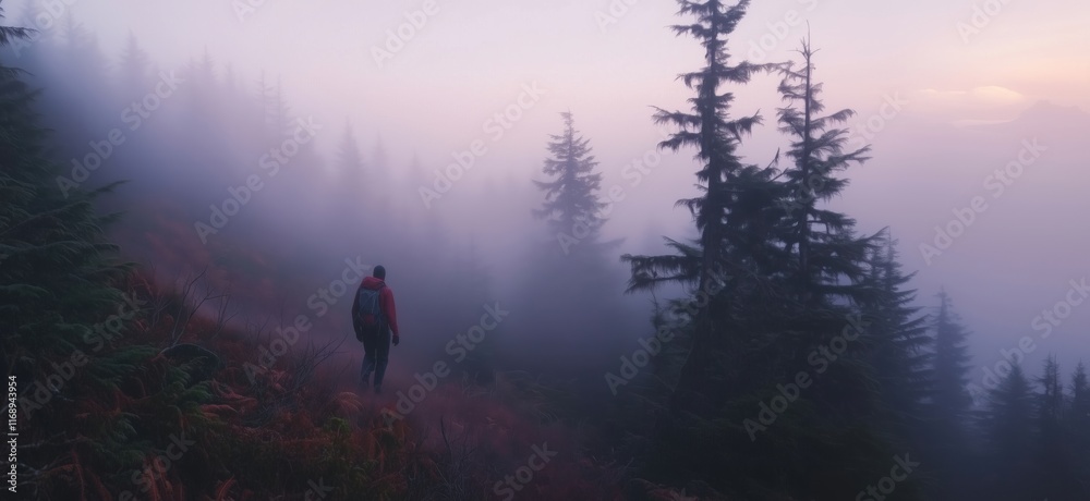Fototapeta premium Misty forest hike at dawn with lone hiker exploring fog-covered trail surrounded by towering evergreen trees, copy space for text