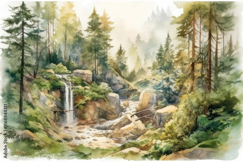 Fototapeta premium a picturesque forest landscape made in watercolor technique. 