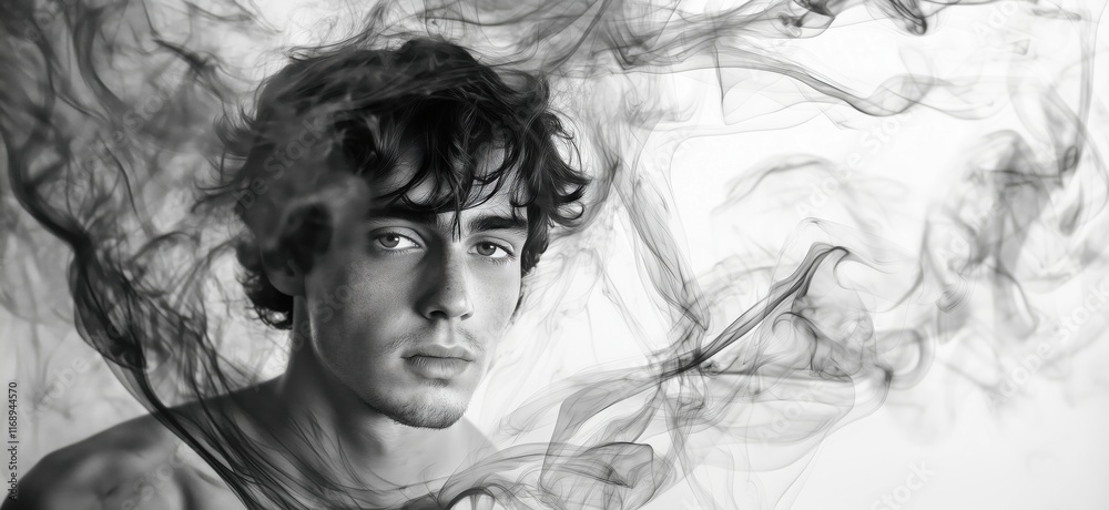 Fototapeta premium Black and white portrait of young man surrounded by swirling smoke, capturing emotion and depth in artistic photography, copy space for text