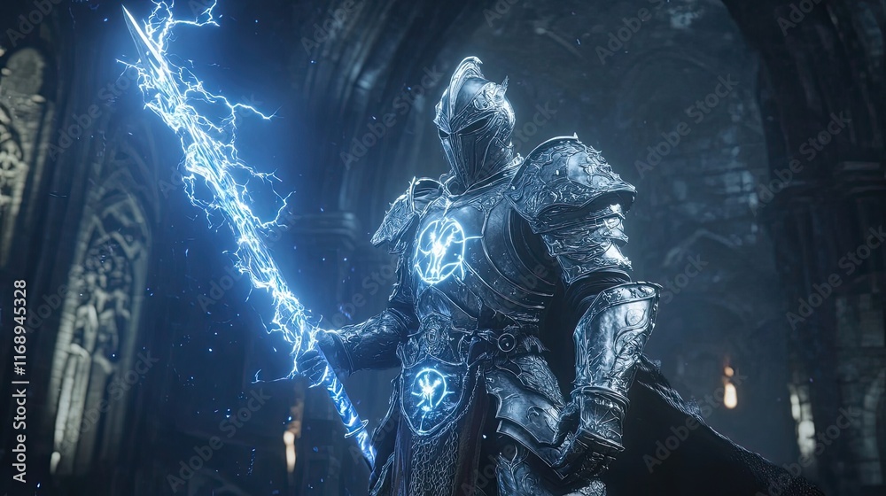 Fototapeta premium Dark Knight wielding a lightning infused sword