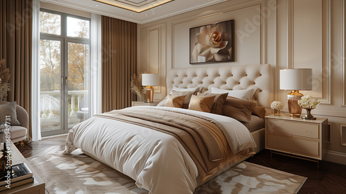 Art Deco Bedroom Interior Design Trend. Furniture and Wall and Windows. Bed, lamp, art work, lighting, decor, pillow, decoration. Indoors, luxury, home 
