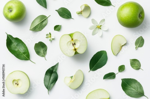 Wallpaper Mural Fresh Green Apples and Leaves with Floral Elements Arranged on White Background for Healthy Lifestyle and Nature Concept Torontodigital.ca