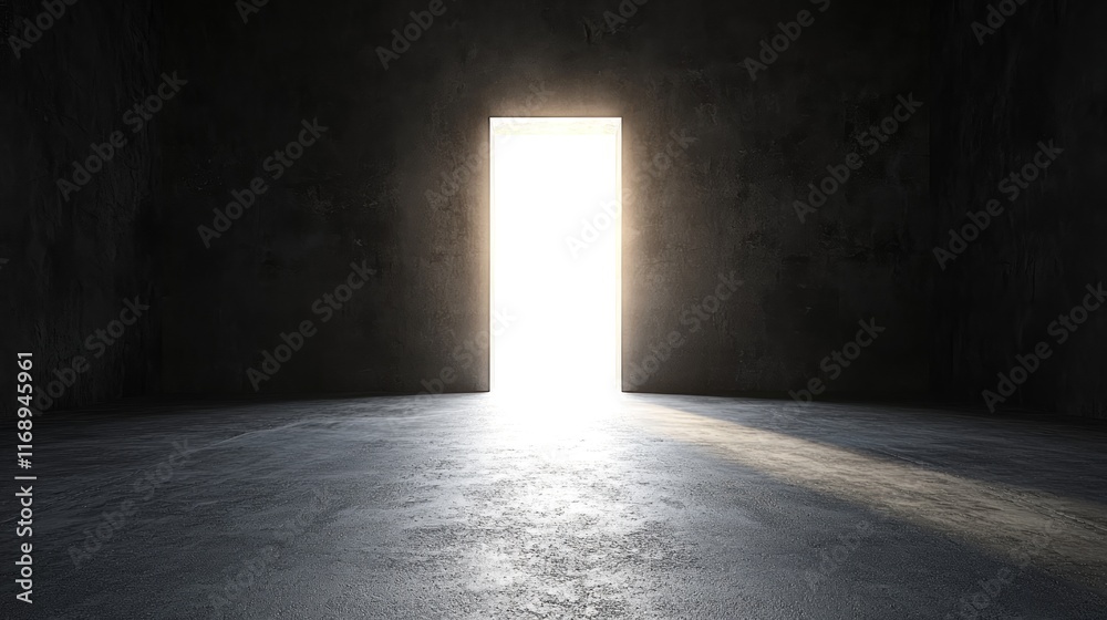A bright door stands open in a dark, empty room. A bright door stands open in a dark, empty room.