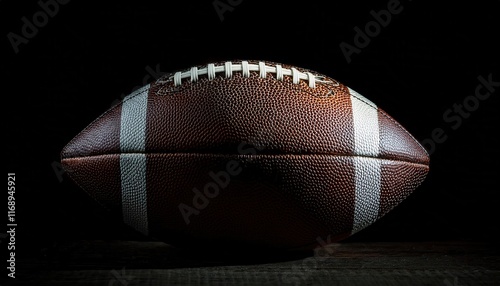 Close-Up of a Traditional American Football with White Laces on a Textured Leather Surface Highlighted Against a Dark Background for Sports Promotion, Training, and Branding Concepts