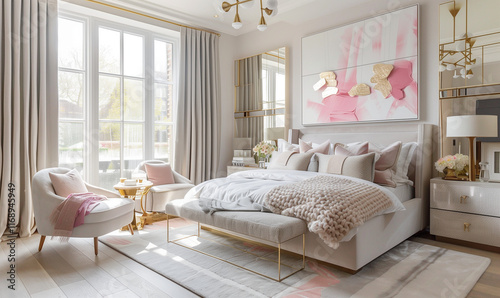 Art Deco White Pink Bedroom Interior Design Trend. Furniture and Wall and Windows. Bed, lamp, art work, lighting, decor, pillow, decoration. Indoors, luxury, home 