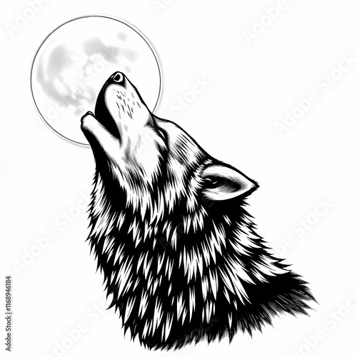 Wolf Howling at the Moon: A majestic wolf's head, rendered in striking black and white, howls at a full moon.  The image evokes a sense of wilderness, freedom, and primal power. photo