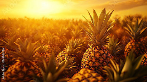 Pineapple Plantation Sunset Golden hour illuminates a vast field of pineapples ripe for harvest. Ideal for agriculture, food, and tropical themes. photo