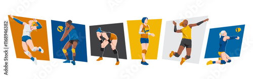 Set of female volleyball players. Volleyball athlete. Isolated on white background. Flat graphic vector illustration.