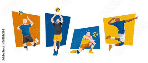 Set of male volleyball players. Volleyball athlete. Isolated on white background. Flat graphic vector illustration.