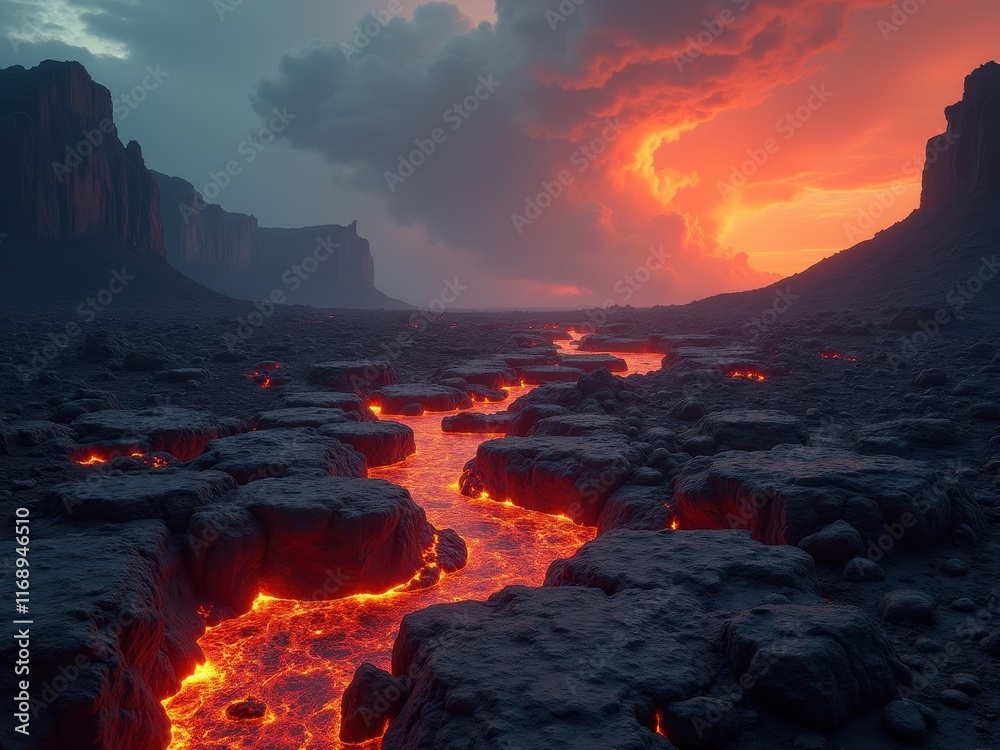 Fototapeta premium Volcanic surface illuminated by lava flow in a dramatic sunset sky filled with clouds