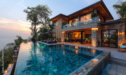 Luxurious Hilltop Modern Home with Infinity Pool Overlooking Sunset Ocean View, Contemporary Architecture, Serene Ambiance, Outdoor Living Space, Tropical Landscape, Evening Retreat