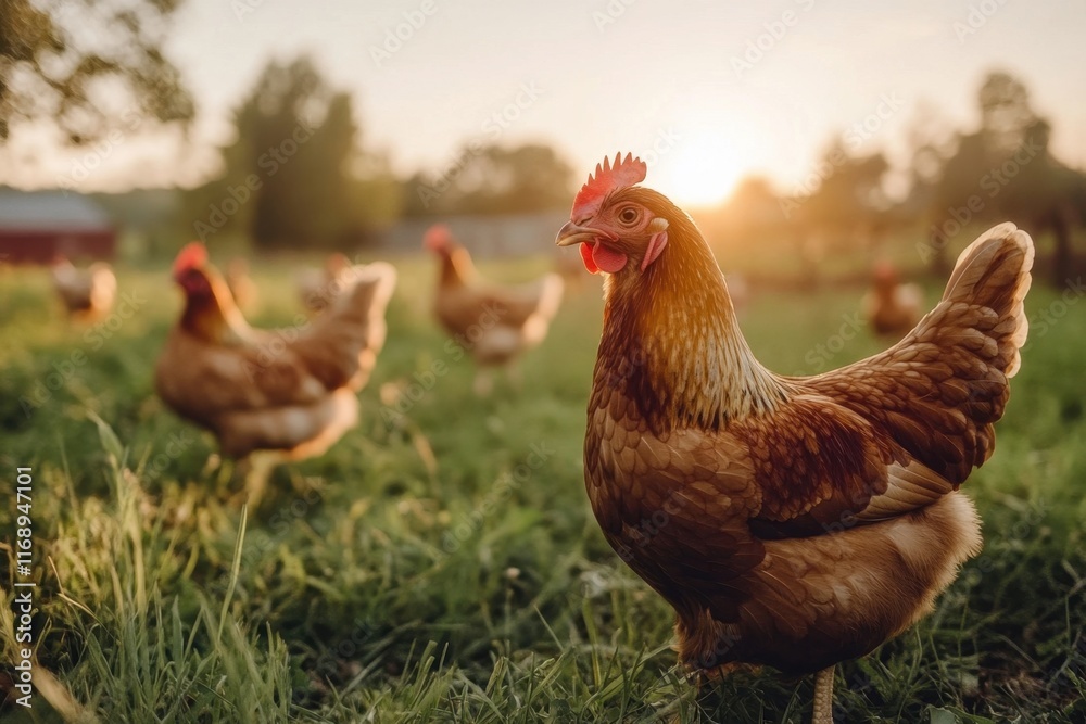 Free-range chickens roaming in a grassy field on a sunny day with trees in the background and a bright sky Free-range chickens roaming in a grassy field on a sunny day with trees in the background and a bright sky